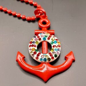 Enameled red anchor with crystal buoy pendant necklace